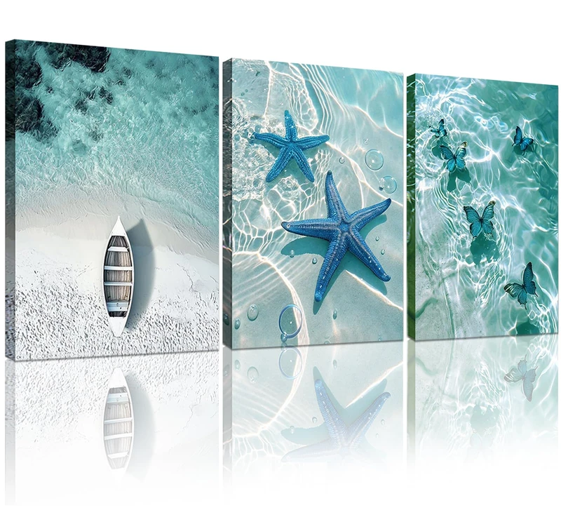 Ocean Wall Art Beach Canvas Print Starfish Shell on Teal Board Paintings Coastal Seascape Picture Blue Butterfly Artwork for Home Kitchen Bathroom Living Room Wall Decor Ready to Hang 16"x24"x3pcs
