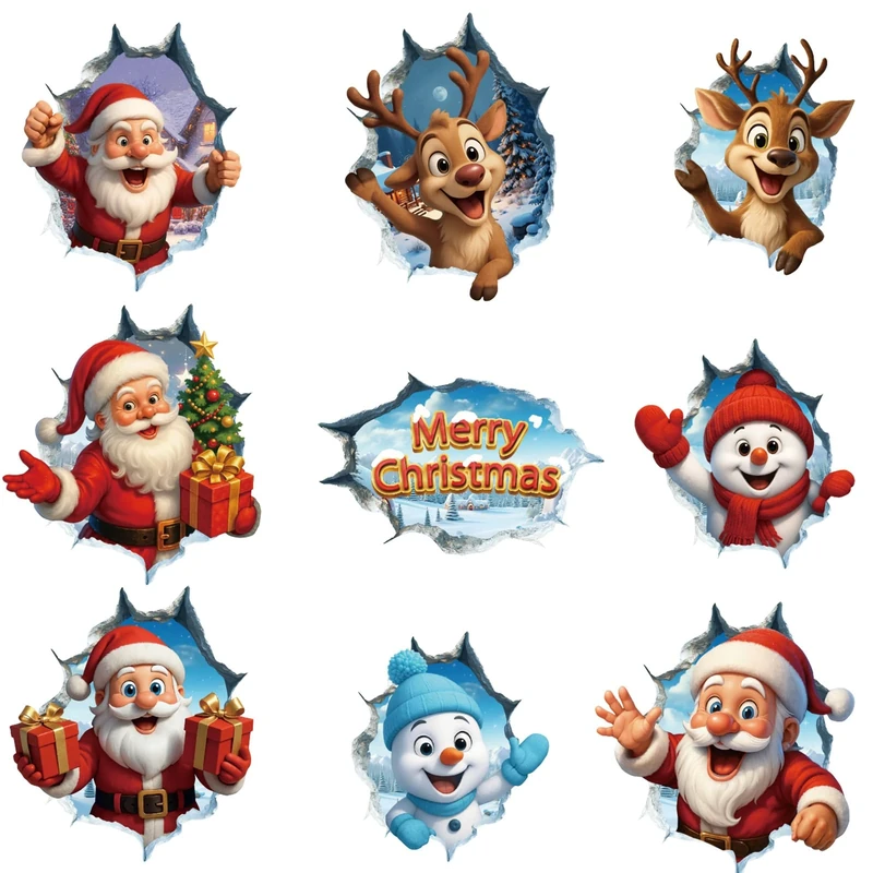 CHDITB 3D Christmas Wall Stickers,Christmas Window Decorations,Winter Santa Claus Window Cling Stickers,Cute Reindeer Snowman Wall Decals,Xmas Wall Art Decals for Winter Holiday Party Xmas Home Party