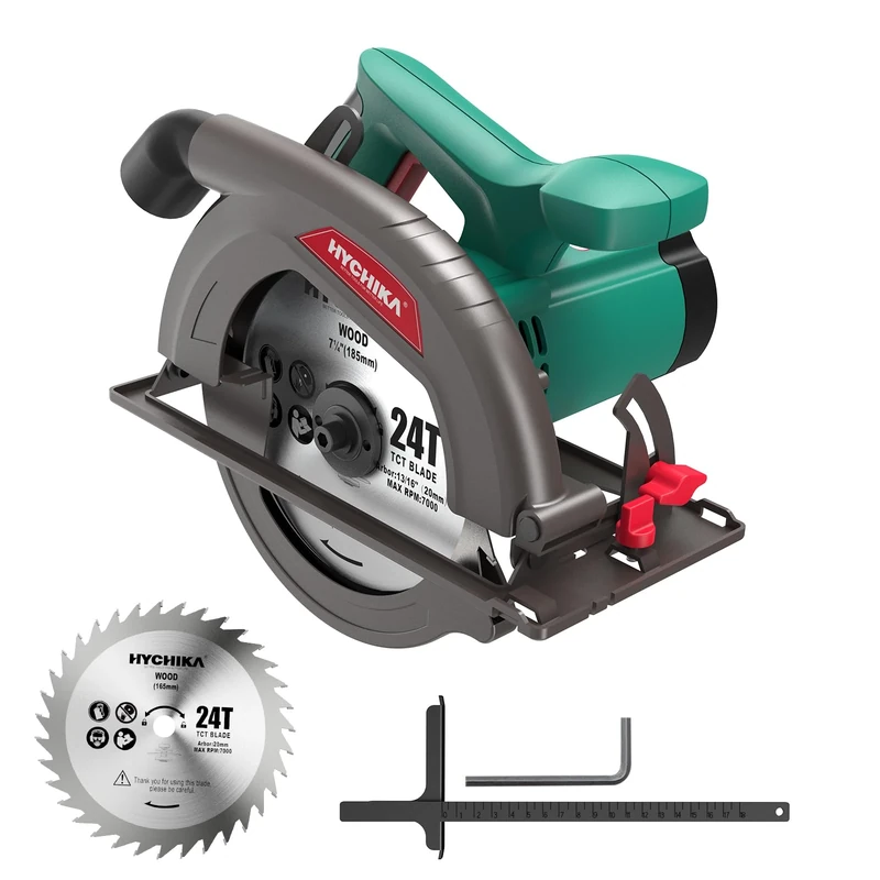 HYCHIKA Circular Saw - 1300W Electric Saw 4500RPM, High Power Motor, 24T Blade(185mm), Cutting Depth 65mm (90º), 45mm (45º), Safety Switch, Dust Extraction