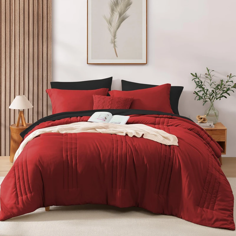 Monbix Queen Comforter Set - 7 Pieces Bright Red Bed in a Bag Queen Bedding Sets with Comforters, All Seasons Down Alternative Comforter Bed Set with Sheets, Pillowcases & Shams