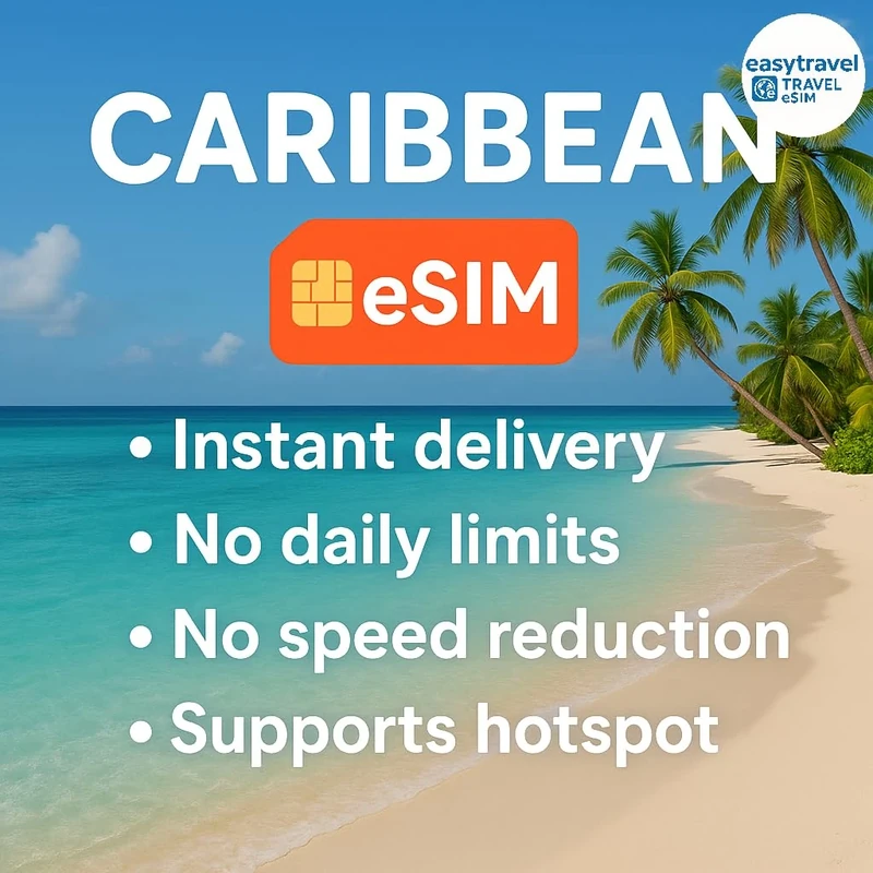 Caribbean eSIM 23 Countries Supports Hotspot High Speed Data 30 Days 3-10GB Email Delivery (10GB for 30 Days)