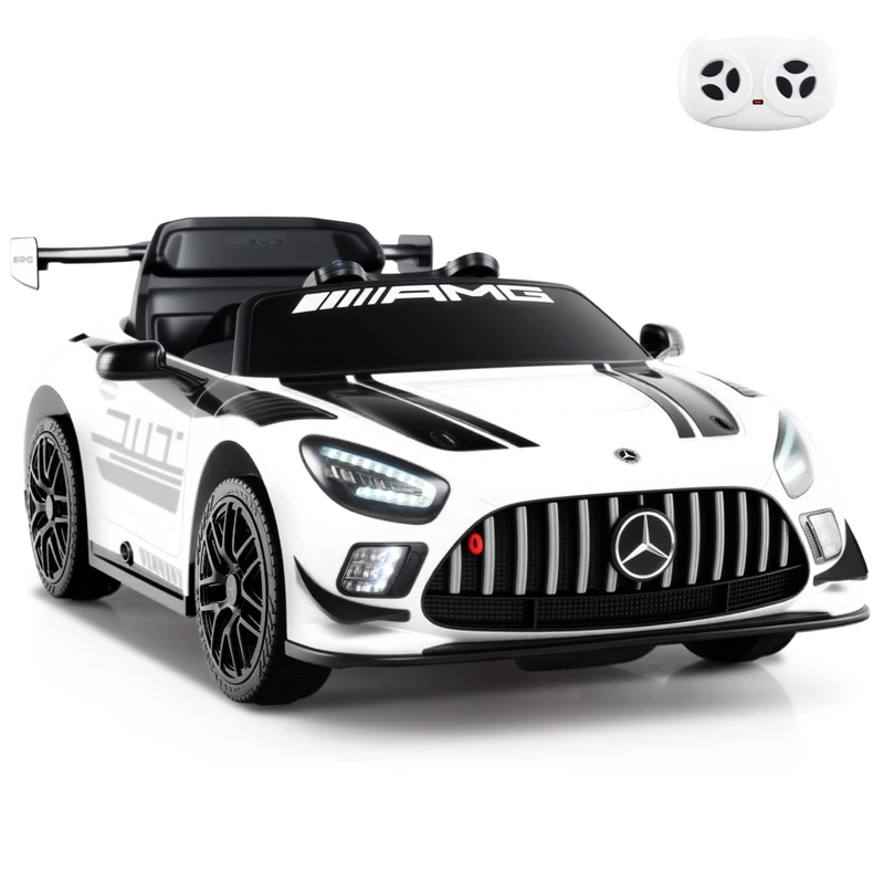 GYMAX Kids Ride on Car, 12V Children Electric Vehicle with Remote Control, Lights, Music, Wireless Connection & Transport Wheels, Licensed Mercedes-AMG GT3 Toy Car for 3 Years Old+ (White)