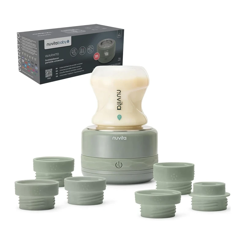 Nuvita 1166 Warm70 Wireless Bottle Warmer 70°C - USB Rechargeable, Universally Compatible with 6 Adapters, 5 Temperature Settings up to 70°C, Fast Heating in 2.5 Minutes, Keeps Warm up to 6 Hours