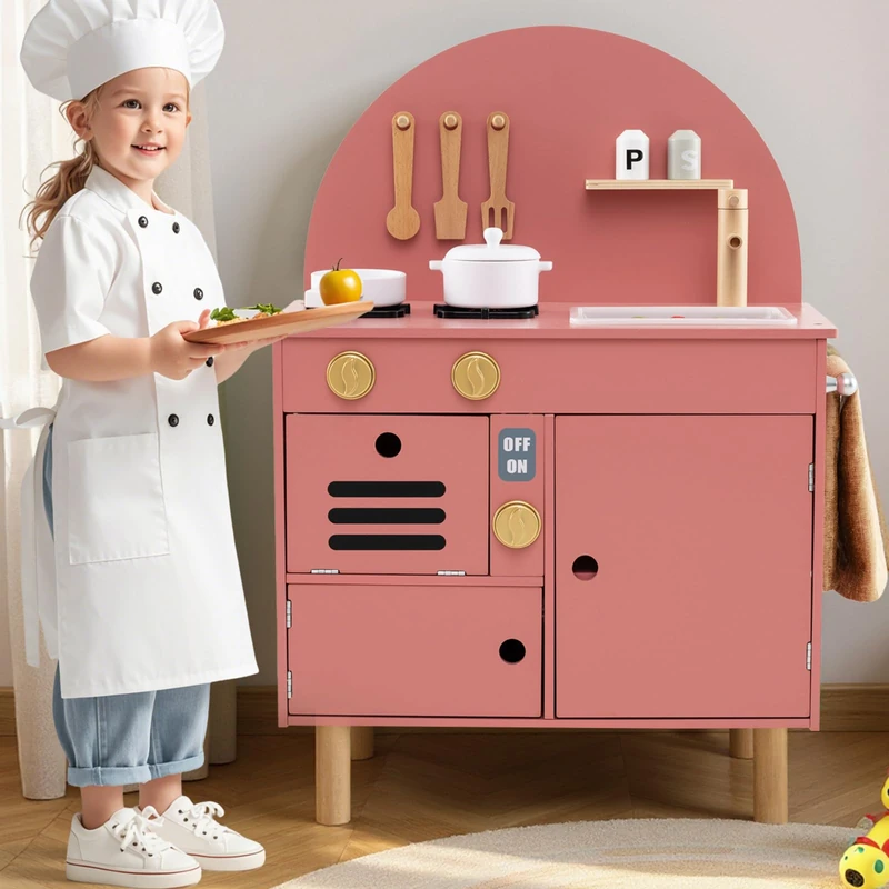 GYMAX Wooden Toy Kitchen, Kids Cooking Role Playset with Stoves, Microwave, Oven, Sink and Accessories, Pretend Play Kitchen for 3+ Years Old, 57 x 31 x 78cm (Pink)