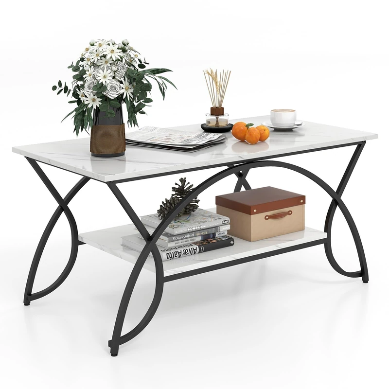FANTASK Living Room Table, Sofa Table with Shelf & Metal Frame, Marble Look, Side Table, Coffee Table for Living Room, 100 x 50 x 45 cm (Black/White) - Image 1