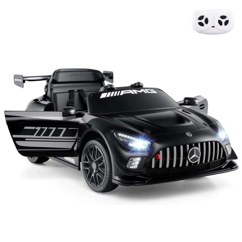 GYMAX Kids Ride on Car, 12V Children Electric Vehicle with Remote Control, Lights, Music, Wireless Connection & Transport Wheels, Licensed Mercedes-AMG GT3 Toy Car for 3 Years Old+ (Black)