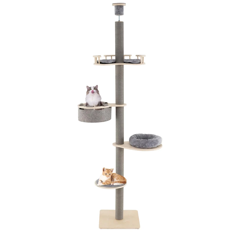 FANTASK Cat Scratching Post, 5 Tier Cat Furniture Floor to Ceiling, Scratching Post Ceiling High with Plush Bed, Hammock & Platforms, Wooden Climbing Tree, 236-271 cm (Grey) - Image 1
