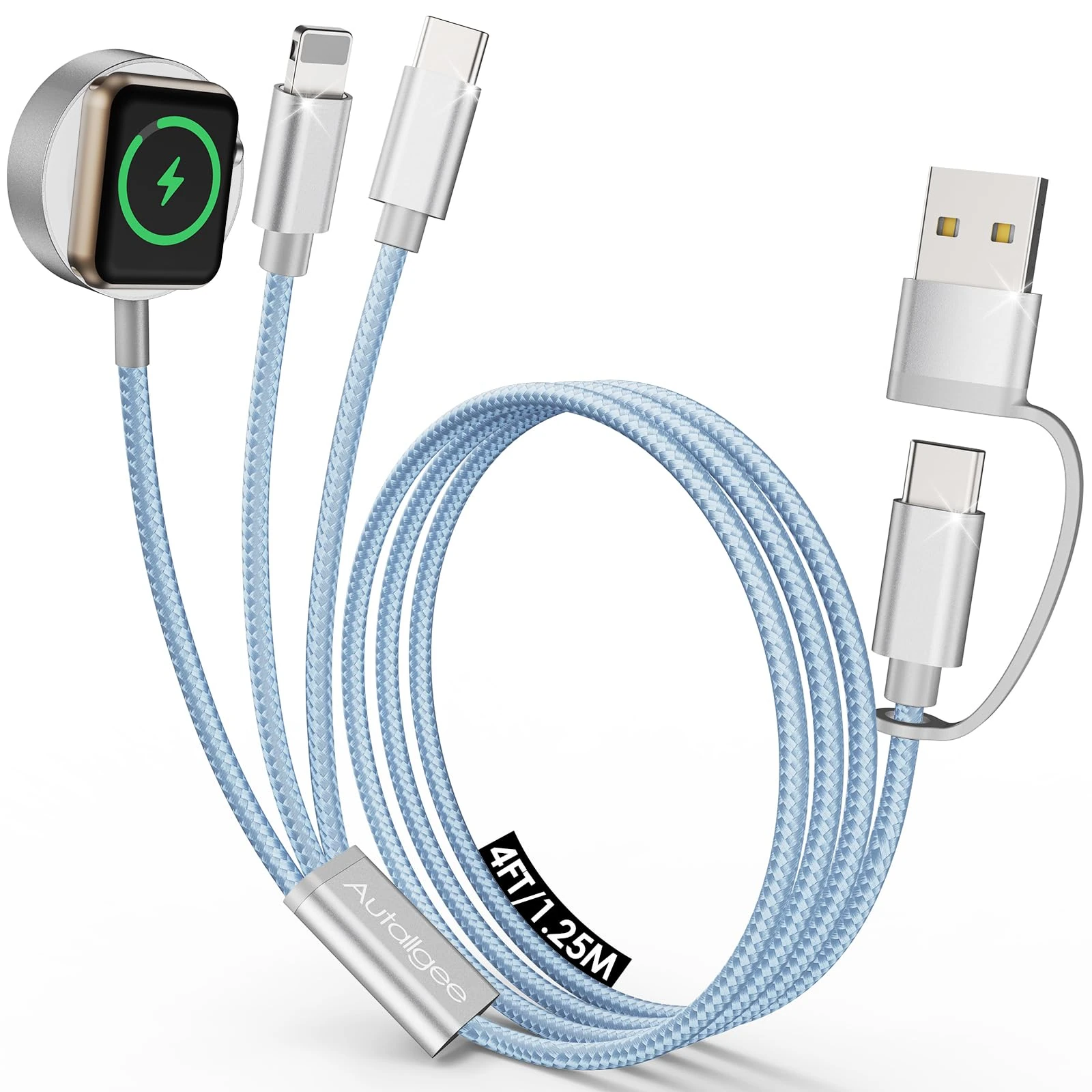 Travel Essentials for Apple Watch Charger,3 in 2Multi Charger Cable Cord,Camping Essentials Portable Designed for iWatch Ultra/SE/10/9/8/7/6/5/4/3/2, Phone16/15/14/13/Galaxy S24 [125cm] Blue