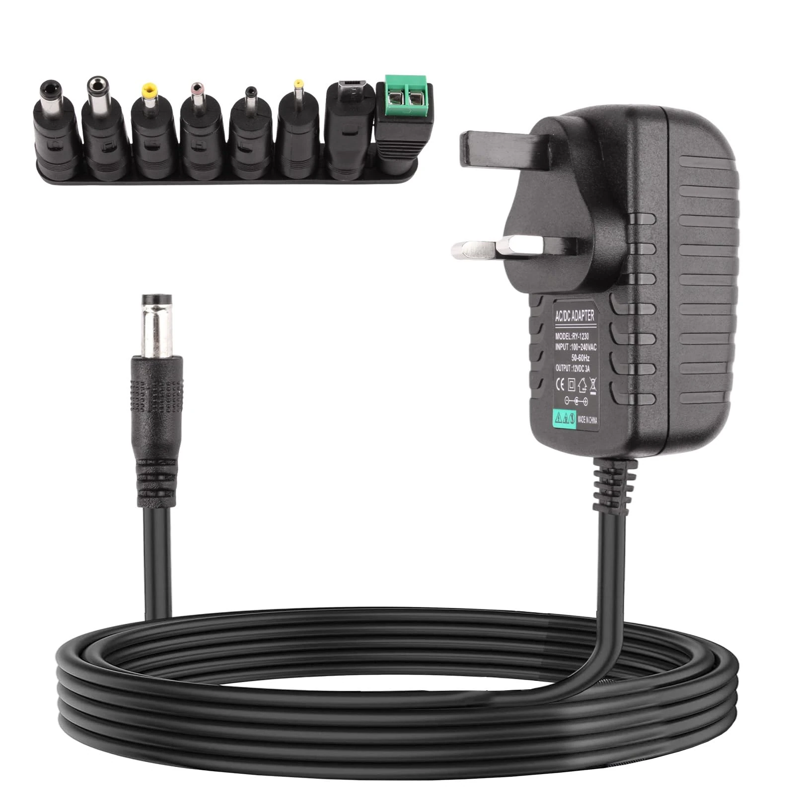 Universal Power Supply Cable Adapter AC 100-240V to DC 12V 3A with 8 Replacement Tip 5.5x2.1mm Multi Plug Head Compatible with LED Strip Lights Camera Router Laptop Monitor TV Box Printer
