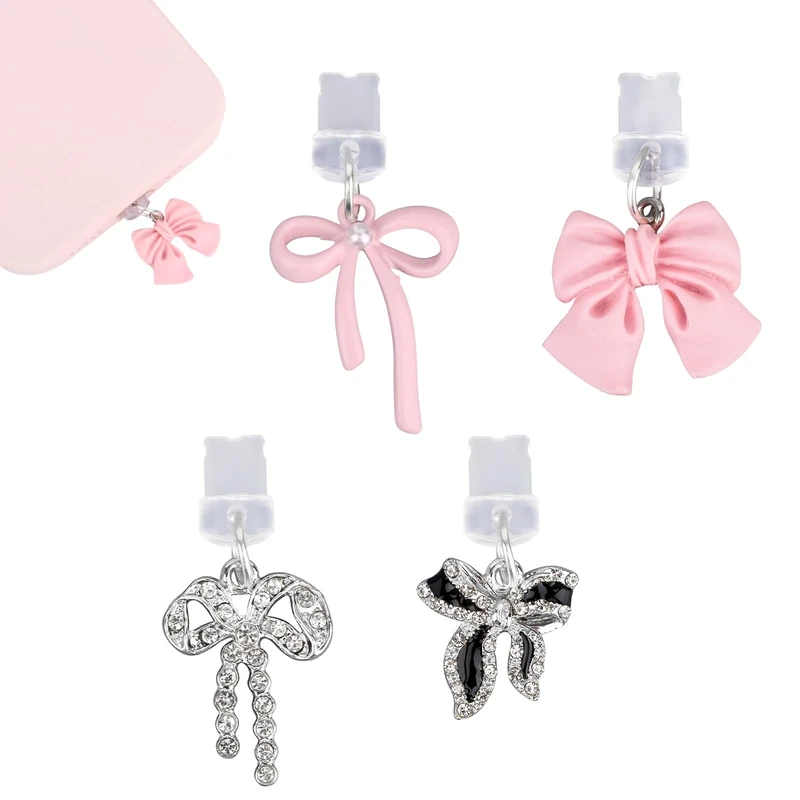 Penitue 4pcs Phone Dust Plug Charms, Creative Charging Port Dust Plug Cover Protector Caps Charm for iPhone 4-14 Series Ports Practical and Stylish Phone Accessories (Bow Style)