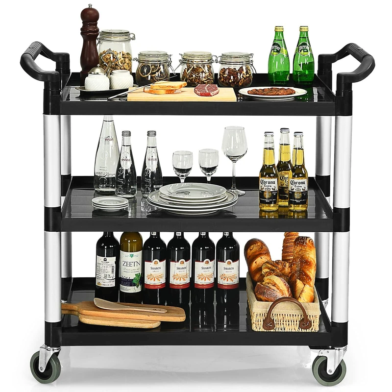 FANTASK Serving Trolley with 3 Shelves, Kitchen Trolley with Handles & 4 Wheels, Partition Multi-Purpose Trolley, Metal for Kitchen, Office, DIY Workshop (Black) - Image 1