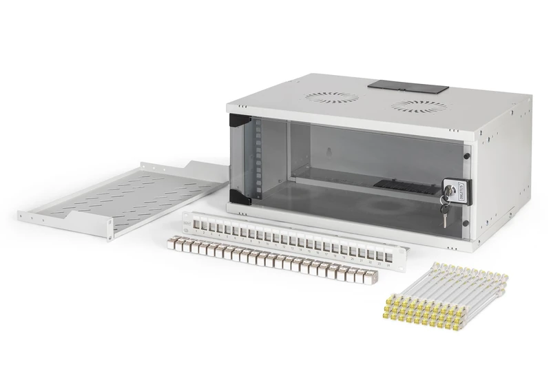DIGITUS 19 Inch Network Kit - 4U Network Cabinet - 1U Shelf - 24 Port Patch Panel - 24 Keystone Modules - 30 Cat 6A Patch Cables - Unmounted - Soho Pro - Grey