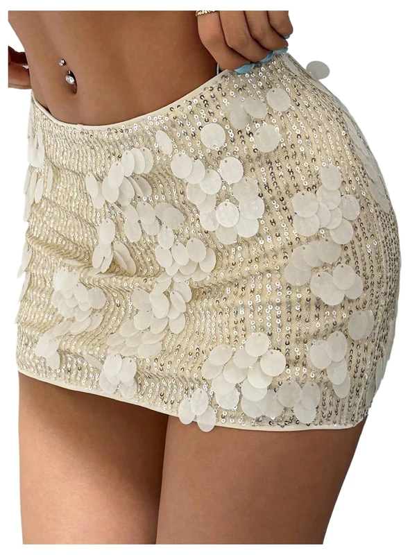 Floerns Women's Contrast Sequin High Waist Shining Party Bodycon Mini Skirt, Light Apricot, L