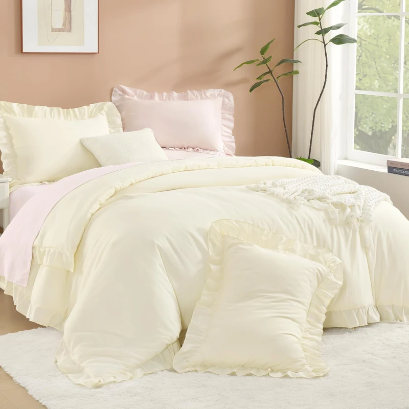 Litanika Queen Comforter Set, 3 Pieces Cream Ruffle Bedding Set