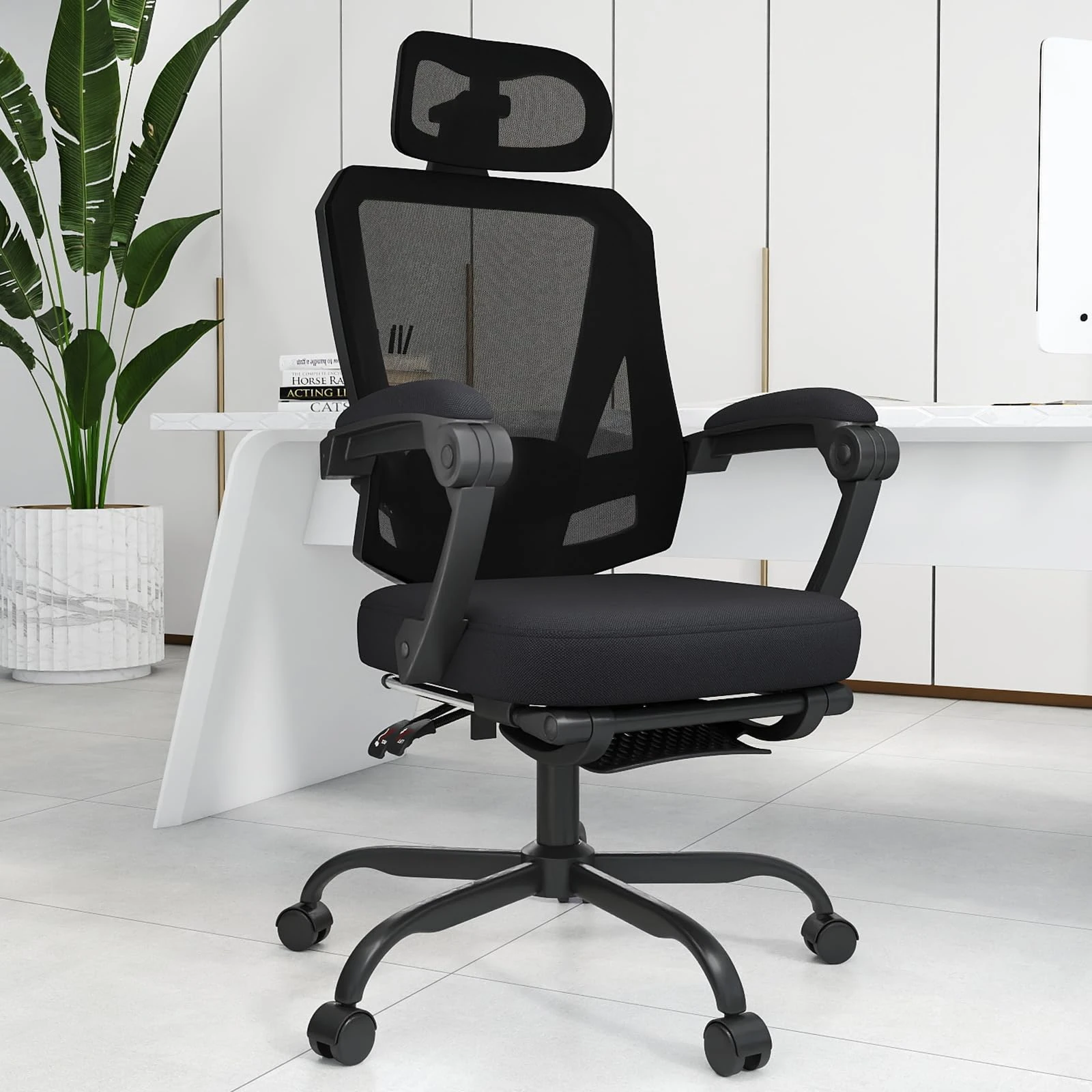 Hihady Ergonomic Office Chair with Footrest, High Back Swivel Mesh Desk Chair, Big and Tall Rolling Computer Chair with Headrest, Lumbar Support, 3-Level Tilt Backrest for Home, Bedroom, Work