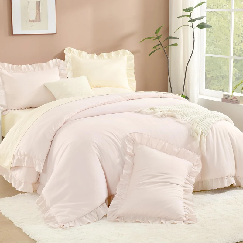 Litanika Queen Comforter Set, 3 Pieces Light Pink Ruffle Bedding Set