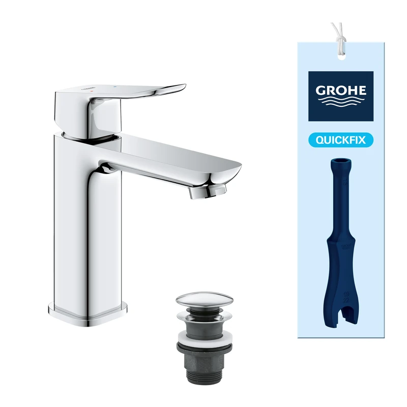 GROHE Dice Single Lever Basin Mixer with Push-Open Waste Set, (M-Size 172mm, 28 mm Ceramic Cartridge, Water Saving, Tails 3/8 Inch, Easy to Fit with the Included QuickTool), Chrome, 1018330000