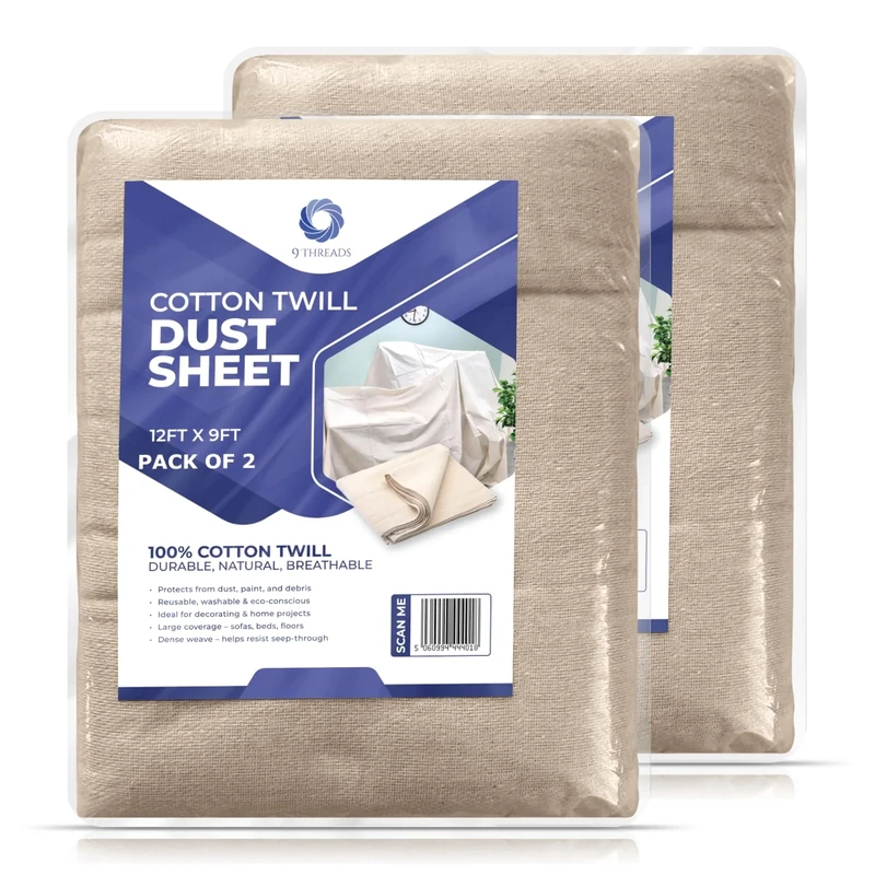 9Threads Cotton Dust Sheets 12x9 - Pack of 2 Heavy Duty Drop Cloths