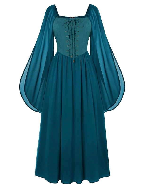 Scarlet Darkness Renaissance Costume Women Lace Up Split Bell Sleeve Medieval Dress, Teal Blue, L