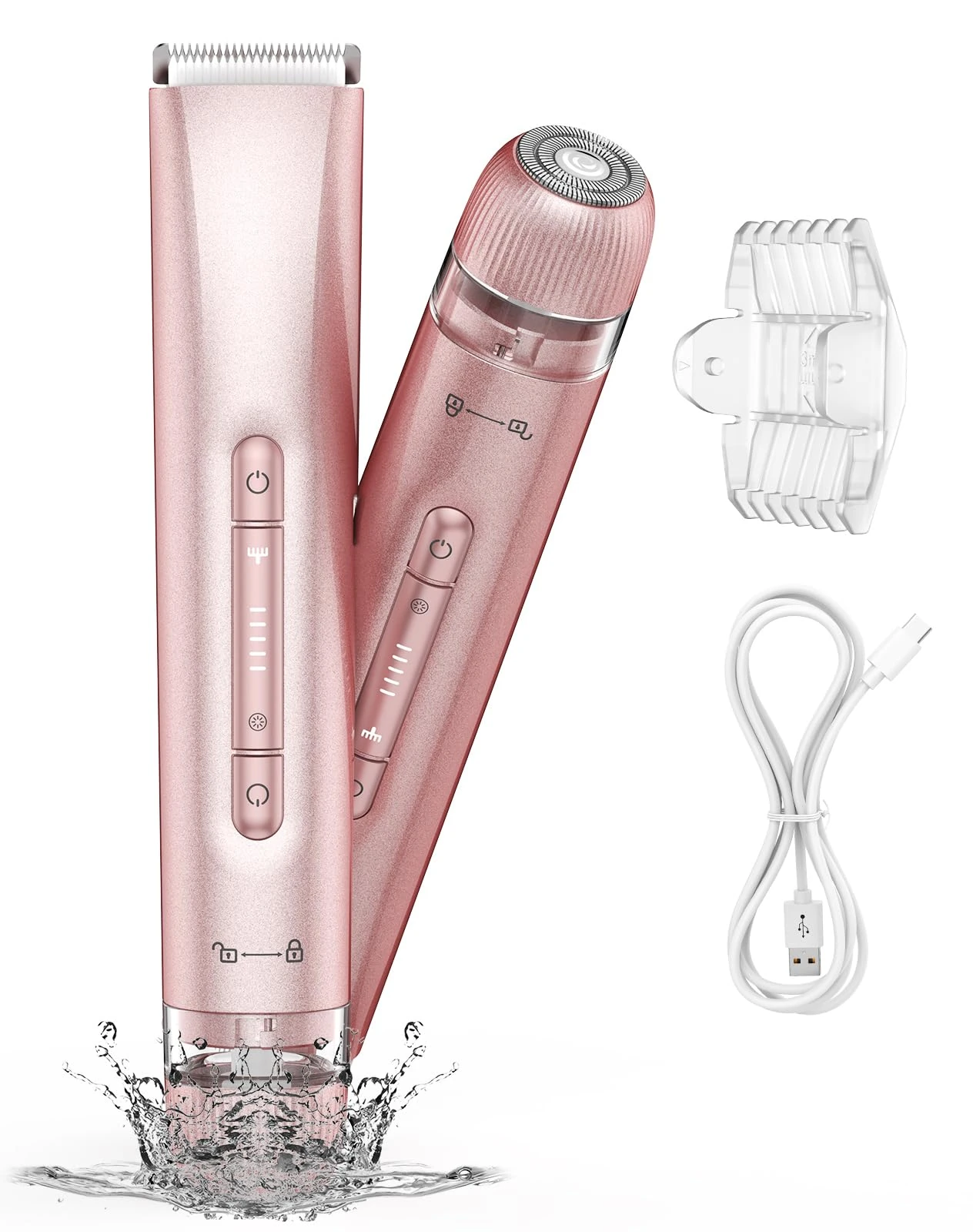 Bikini Trimmer Women,Lady Shavers for Women, 2 in 1 Wet & Dry Use Groomer,Painless Body Hair Trimmer for Face Legs Underarm Electric Shavers Razors Rechargable IPX7 Waterproof (Light Pink)