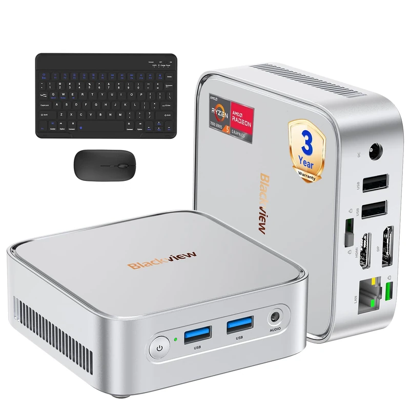 3 Years GuaranteeBlackview MP50 Radeon Vega 8 Graphics Mini PC with Mouse and Keyboard, Ryzen 5, Win 11 Pro, 16GB+512GB SSD, 4K@60Hz HDMI+DP 2026 Silent Mini Desktop Computer, Ideal for Home/Office