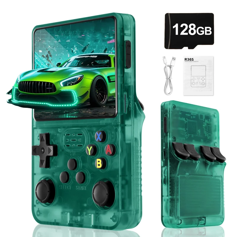 Blidinner R36S Retro Handheld Video Game Console -With Linux System,3000mAh Battery,3.5 Inch Screen,30000+ Classic Games,Portable Game Console for Present to Give Friends for Christmas-(Green)(128GB)
