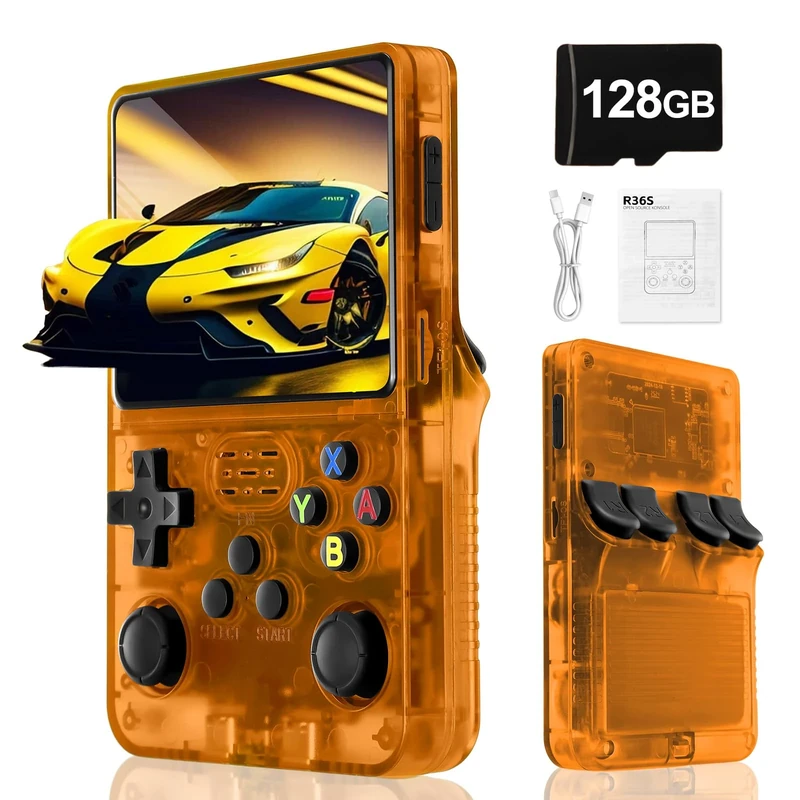 Blidinner R36S Retro Handheld Video Game Console -With Linux System,3000mAh Battery,3.5 Inch Screen,30000+ Classic Games,Portable Game Console for Present to Give Friends for Christmas-(Orange)(128GB)