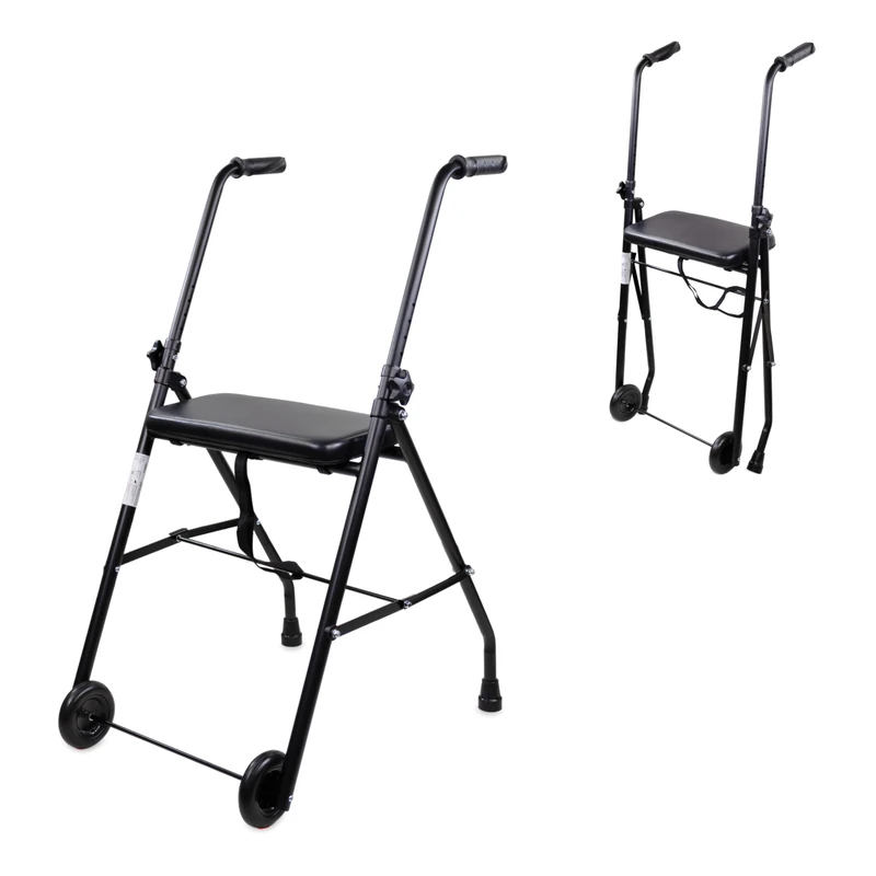 Mobiclinic®, Folding Walker, Adjustable, Ergonomic Grips, Non-Slip Ferrules, with Seat and 2 Wheels, Lightweight, Durable, Steel, Emérita, Black