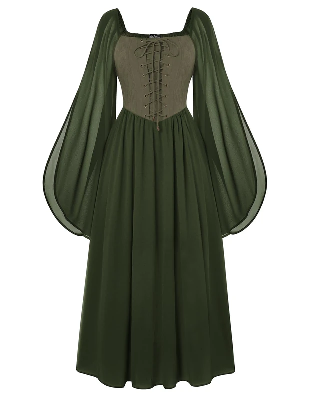 Scarlet Darkness Renaissance Costume Women Lace Up Split Bell Sleeve Medieval Dress, Olive Green, Medium