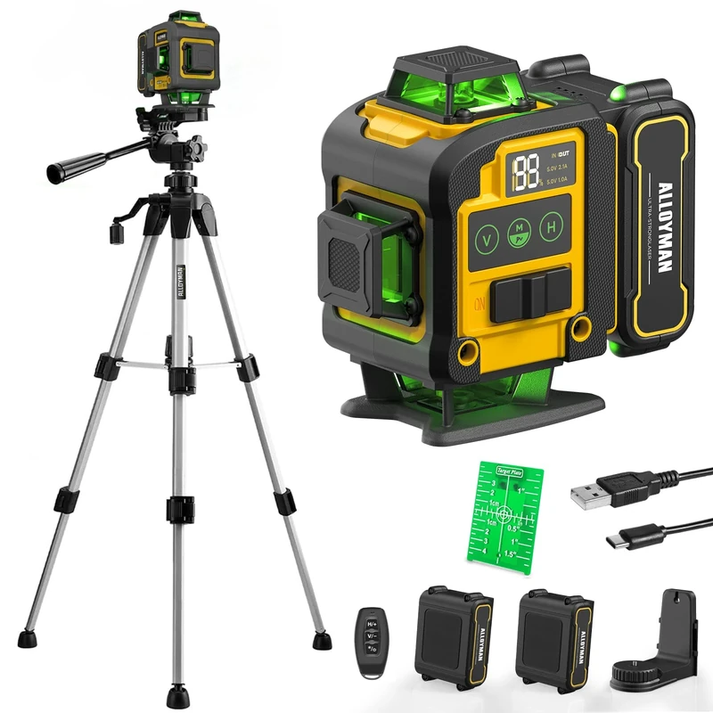Alloyman Laser Level with Tripod, 4x360° Self Leveling Laser Level, Green Line Lazer 4D Lazer Leveler Tool with 2Pcs Lithium Batteries for Picture Hanging, Tile, Home Renovation, Indoor