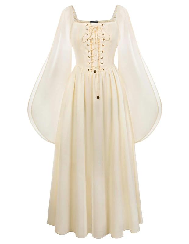 Scarlet Darkness Renaissance Costume Women Lace Up Split Bell Sleeve Medieval Dress, Apricot, X-Large