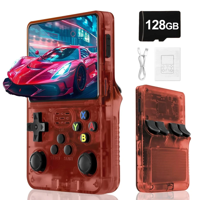 Blidinner R36S Retro Handheld Video Game Console -With Linux System,3000mAh Battery,3.5 Inch Screen,30000+ Classic Games,Portable Game Console for Present to Give Friends for Christmas-(Red)(128GB)