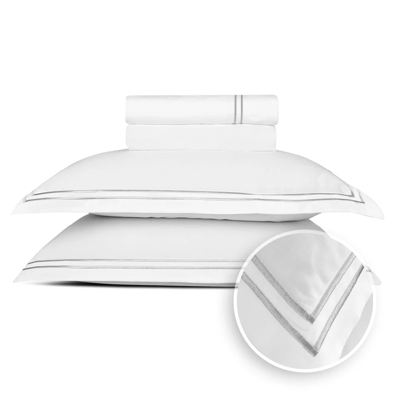 Pure Cotton Double Bedding Set 4-Piece - 100% Cotton Satin - Soft, Easy to Iron, Oeko-Tex - Duvet Cover 230 x 270 cm, Fitted Sheet 150 x 200 x 30 cm, Pillowcase 2 x 50 x 80 cm - Silhouette - Grey - Image 1
