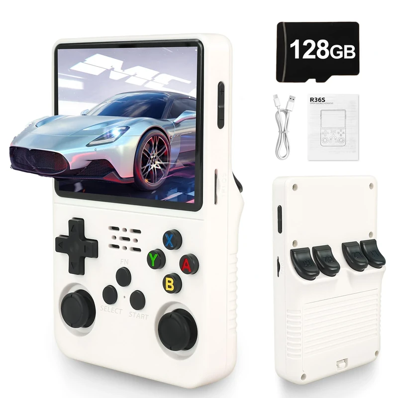 Blidinner R36S Retro Handheld Video Game Console -With Linux System,3000mAh Battery,3.5 Inch Screen,30000+ Classic Games,Portable Game Console for Present to Give Friends for Christmas-(White)(128GB)