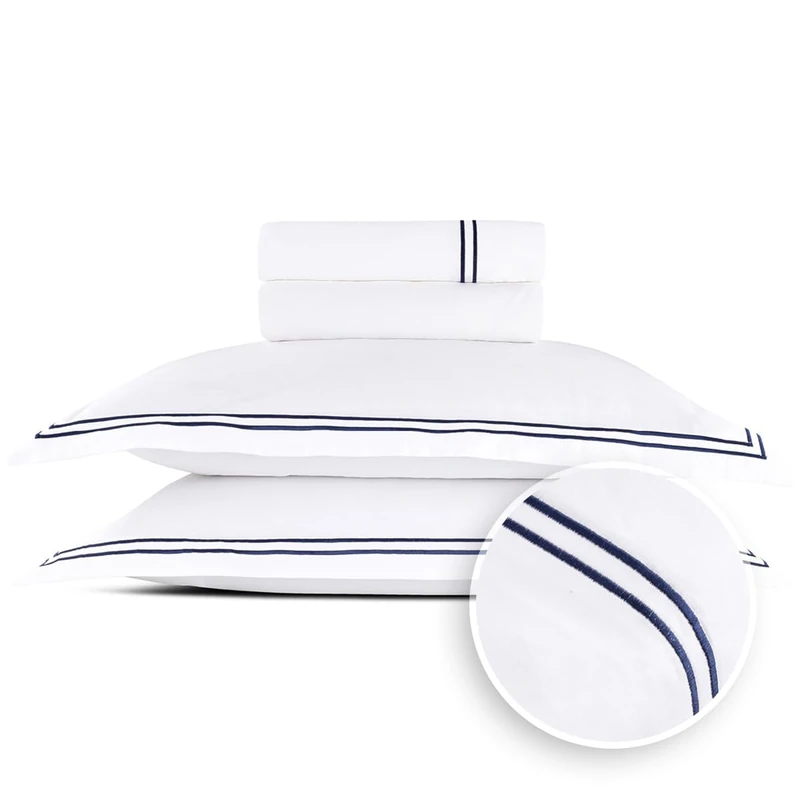 Pure Cotton Double Bedding Set 4-Piece - 100% Cotton Satin - Soft, Easy to Iron, Oeko-Tex - Duvet Cover 230 x 290 cm, Fitted Sheet 180 x 200 x 30 cm, Pillowcase 2 x 50 x 80 cm - Silhouette - Dark Blue - Image 1