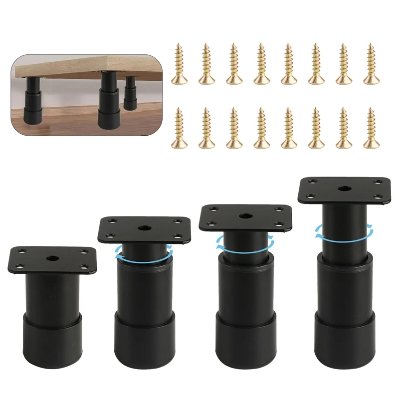 Set of 4 Adjustable Furniture Feet, Stainless Steel Furniture Feet, Height Adjustable 120 mm - 180 mm, Base Feet, Table Legs, Metal Black Furniture Legs for Cabinet, Sofa Feet, Cabinet Feet, Bed Feet