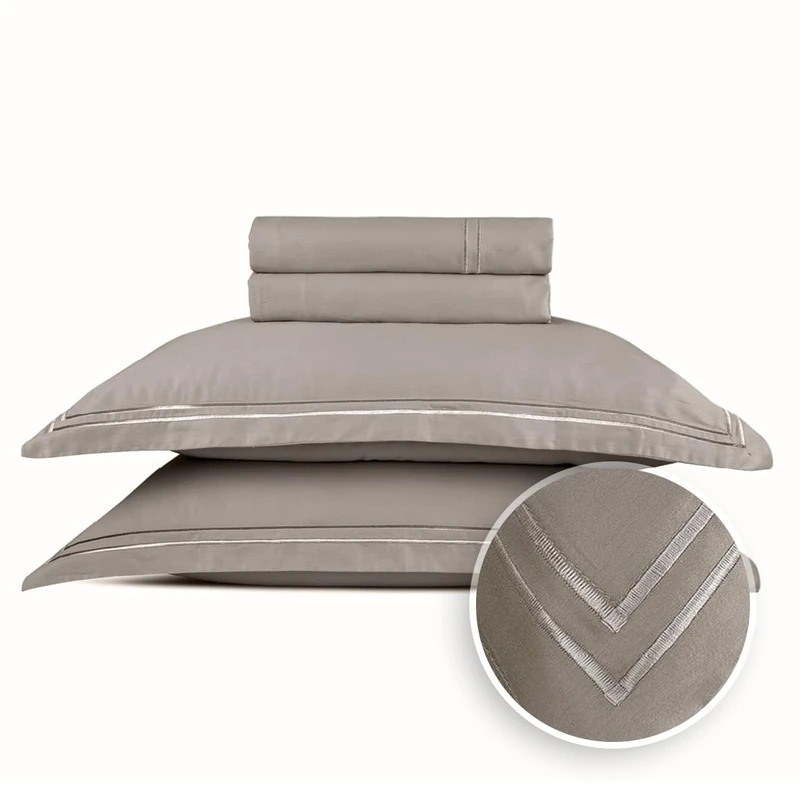 Pure Cotton Double Bedding Set 4-Piece - 100% Cotton Satin - Soft, Easy to Iron, Oeko-Tex - Duvet Cover 230 x 290 cm, Fitted Sheet 180 x 200 x 30 cm, Pillowcase 2 x 50 x 80 cm - Silhouette - Taupe - Image 1