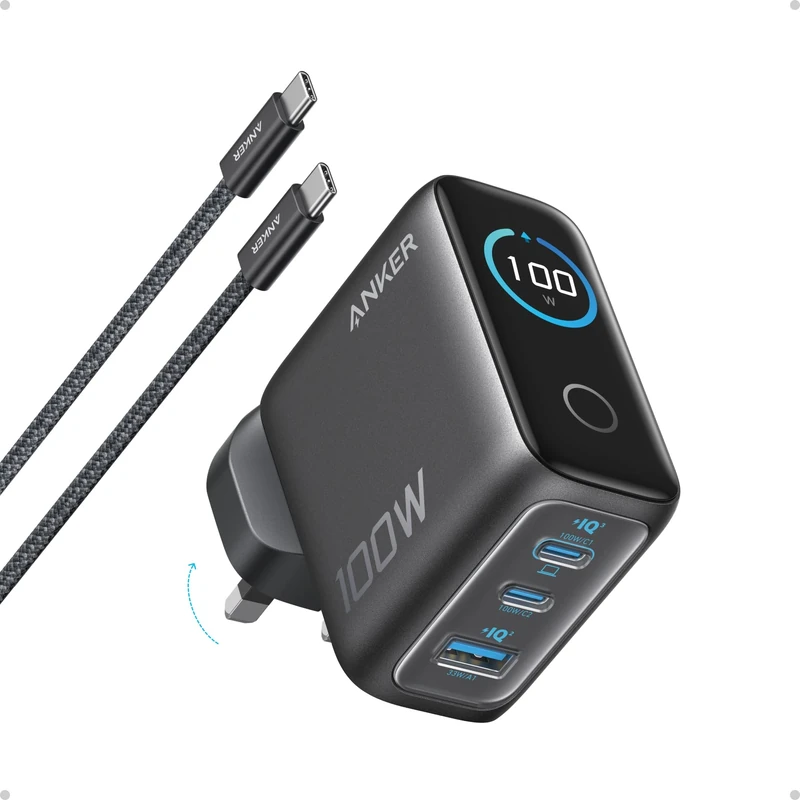 Anker Charger, 100W Max USB C Charger, 3-Port GaN and Ultra-Compact Wall Adapter, Smart Display and Touch Control, For MacBook, iPad, iPhone 17/16/15 Series, and More