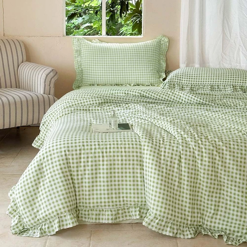NSNLGSGC Sage Green Ruffle Gingham Comforter Set Twin, Pre-Washed Ruffled Plaid Checked Comforter Bedding, 2 Pieces Vintage Farmhouse Grid Bedding Set(Green Gingham, Twin)