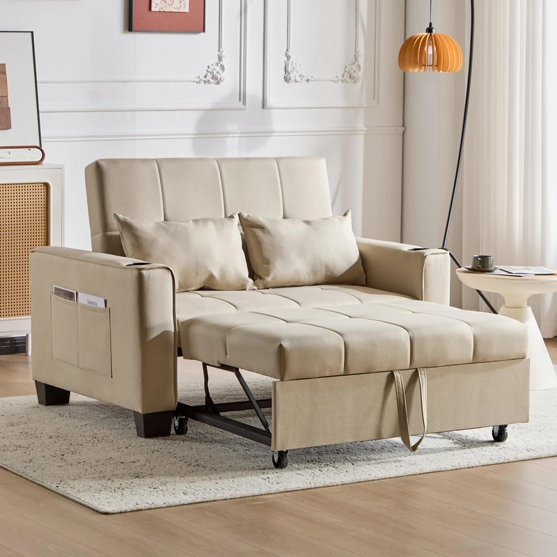 FurnitureR Comfort Chic Beige Sofa, Modern Upholstery, Fabric Material, Children's Furniture, Dual Functionality, Space-Saving Design