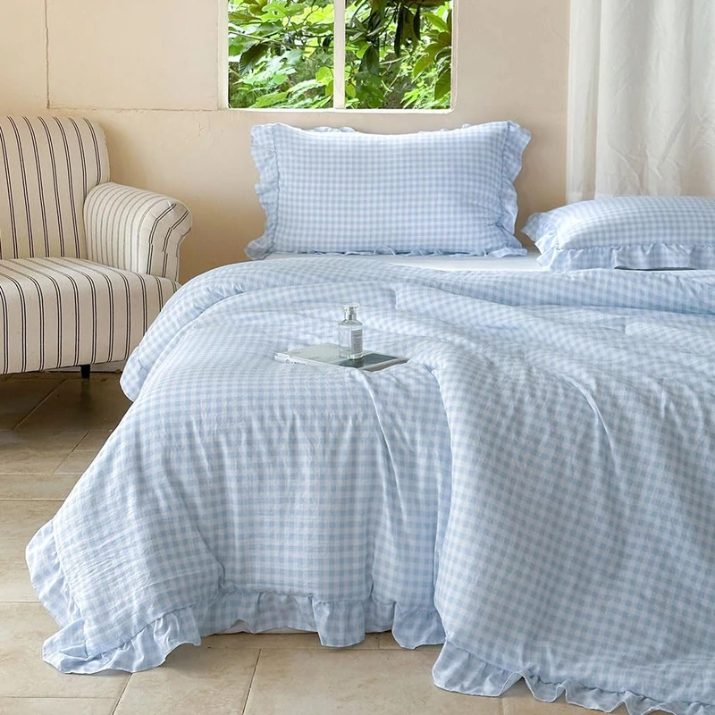 NSNLGSGC Light Blue Ruffle Gingham Comforter Set Twin, Pre-Washed Ruffled Plaid Checked Comforter Bedding, 2 Pieces Vintage Farmhouse Grid Bedding Set(Blue Gingham, Twin)