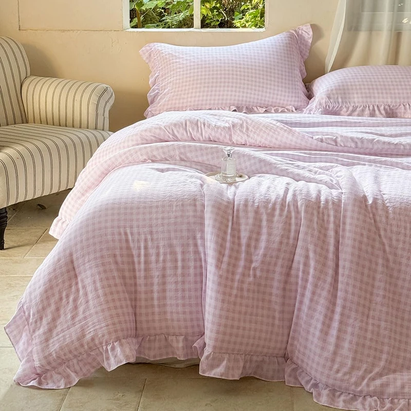 NSNLGSGC Pink Ruffle Gingham King Comforter Set
