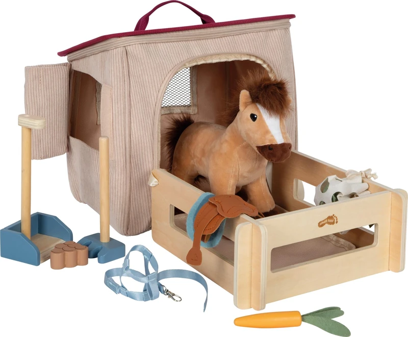 small foot play set horse with stable and accessories in a bag, plush horse with versatile riding and grooming equipment, for children aged 2 and up, 12731