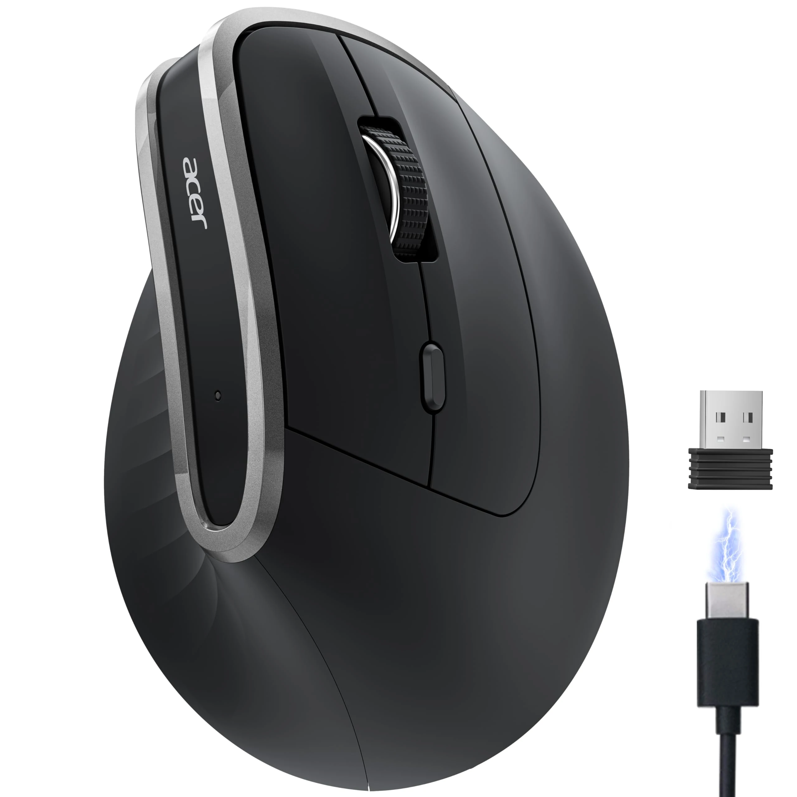 acer Ergonomic Wireless Mouse, Vertical Computer Mouse for Office, Rechargeable Optical Ergo Mice for Right Hand, 2.4GHz USB Receiver, 800/1200/1600 DPI, 6 Buttons for Laptop, PC, Desktop, iMac