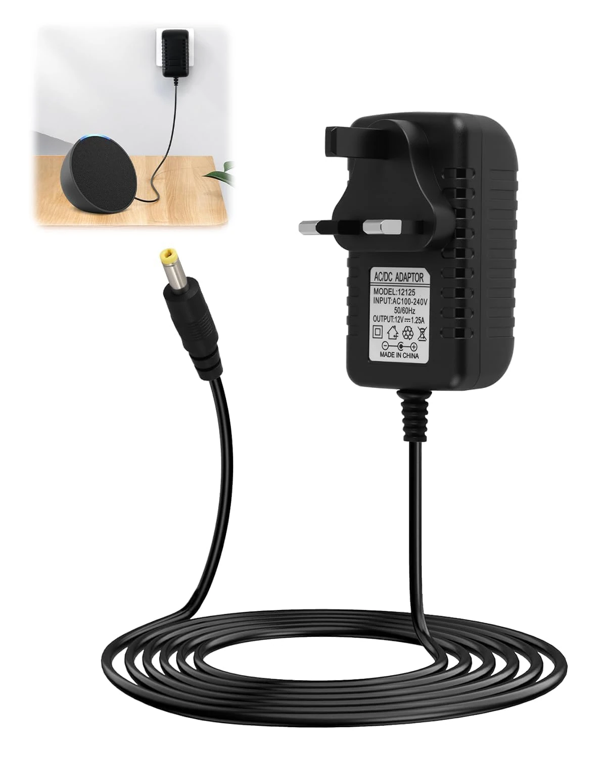 15W Power Cable for Echo Dot 3rd/4th/5th Gen, 12V 1.25A Power Supply Charger for Dot with Clock Kids Edition Echo Pop Spot Fire TV Cube Power Cord Adapter, 4.0x1.7mm