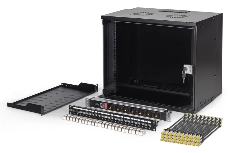 DIGITUS 19" Network Kit - 9U Network Cabinet - 1U Shelf - 24-Port Patch Panel - 24 Keystone Modules - 30 Patch Cables - Power Strip - Unmounted - SOHO PRO Series - Black - Image 1
