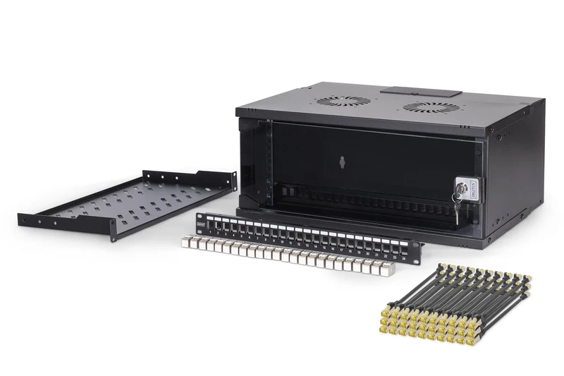DIGITUS 19 inch Network Kit - 4U Network Cabinet - 1U Shelf - 24-Port Patch Panel - 24 Keystone Modules - 30 Patch Cables - Unmounted - SOHO PRO Series - Black