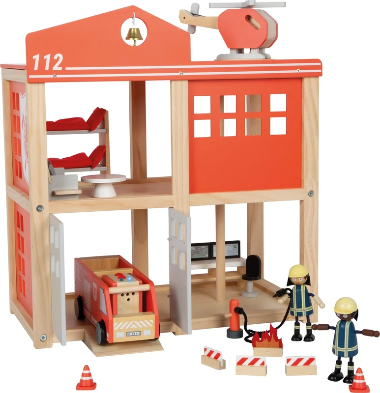 small foot Large fire station with accessories, detailed wooden play set with light and sound, with extensive equipment, for children aged 3 and above, 12703