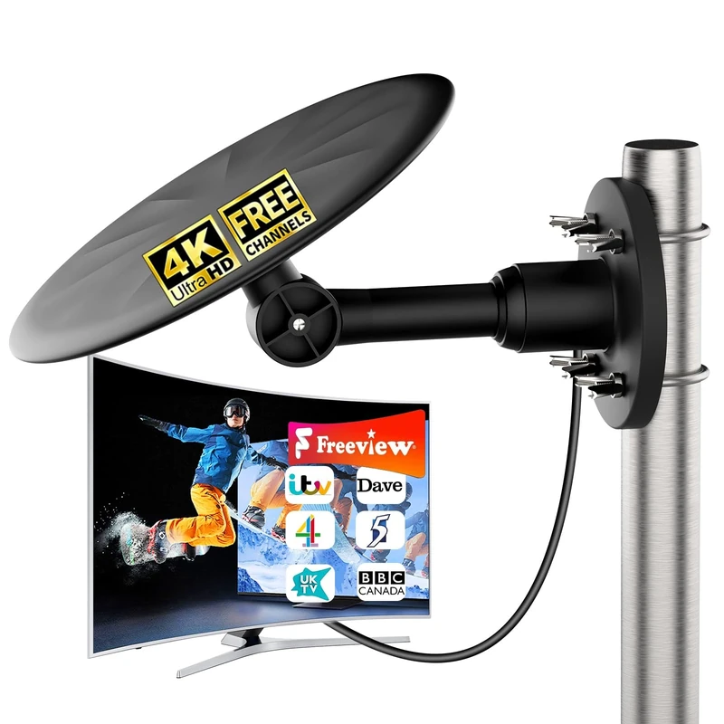 2025 Upgrade Outdoor TV Aerial with Booster Amplifier – Long Range & 360° Reception,Compatible with 4K/1080p Smart TVs & Freeview, Easy Setup HD Antenna with 32ft Coaxial Cable (Black)