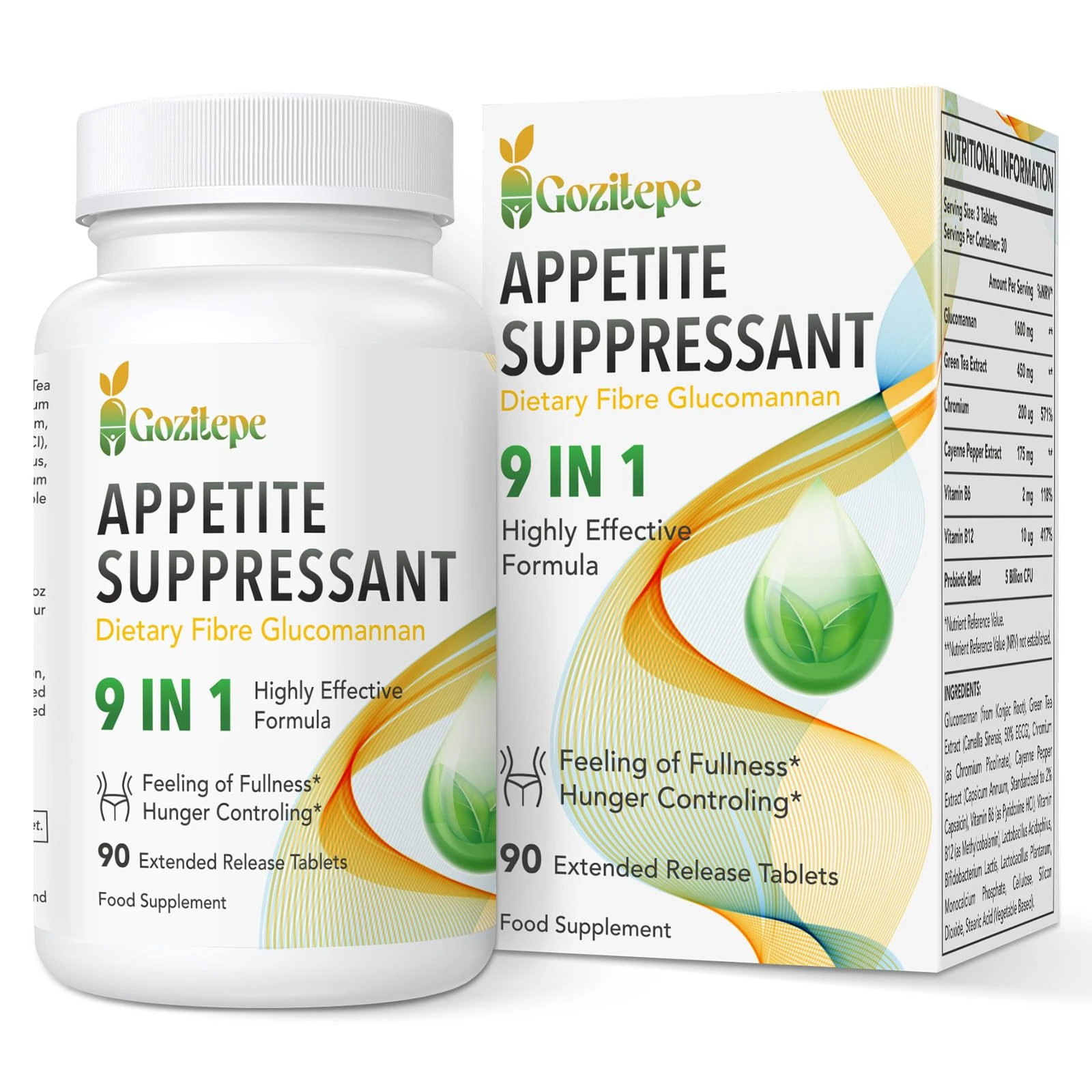 9-in-1 Vegan Appetite Suppressant for Women – High Strength Glucomannan 1600mg, Green Tea (50% EGCG), Cayenne, Chromium & B Vitamins – 90 Extended Release Tablets